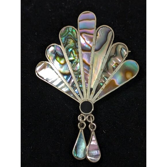 Vintage Alpaca Mexico Abalone Shell Onyx Inlay Fan Charm Brooch Pin Signed - Picture 7 of 9
